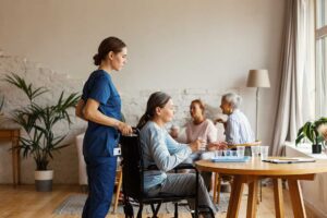 Older adult walking with a walker beside a caregiver in a bright assisted living hallway.