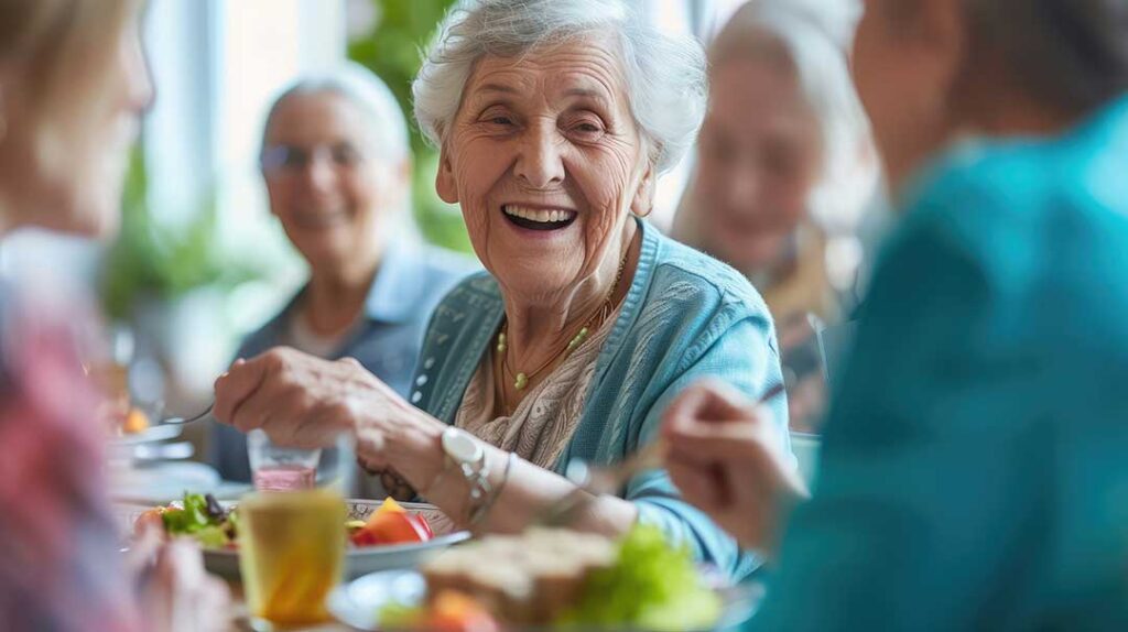 Caregiver speaking calmly with an older resident in a bright assisted living room beside family photographs.